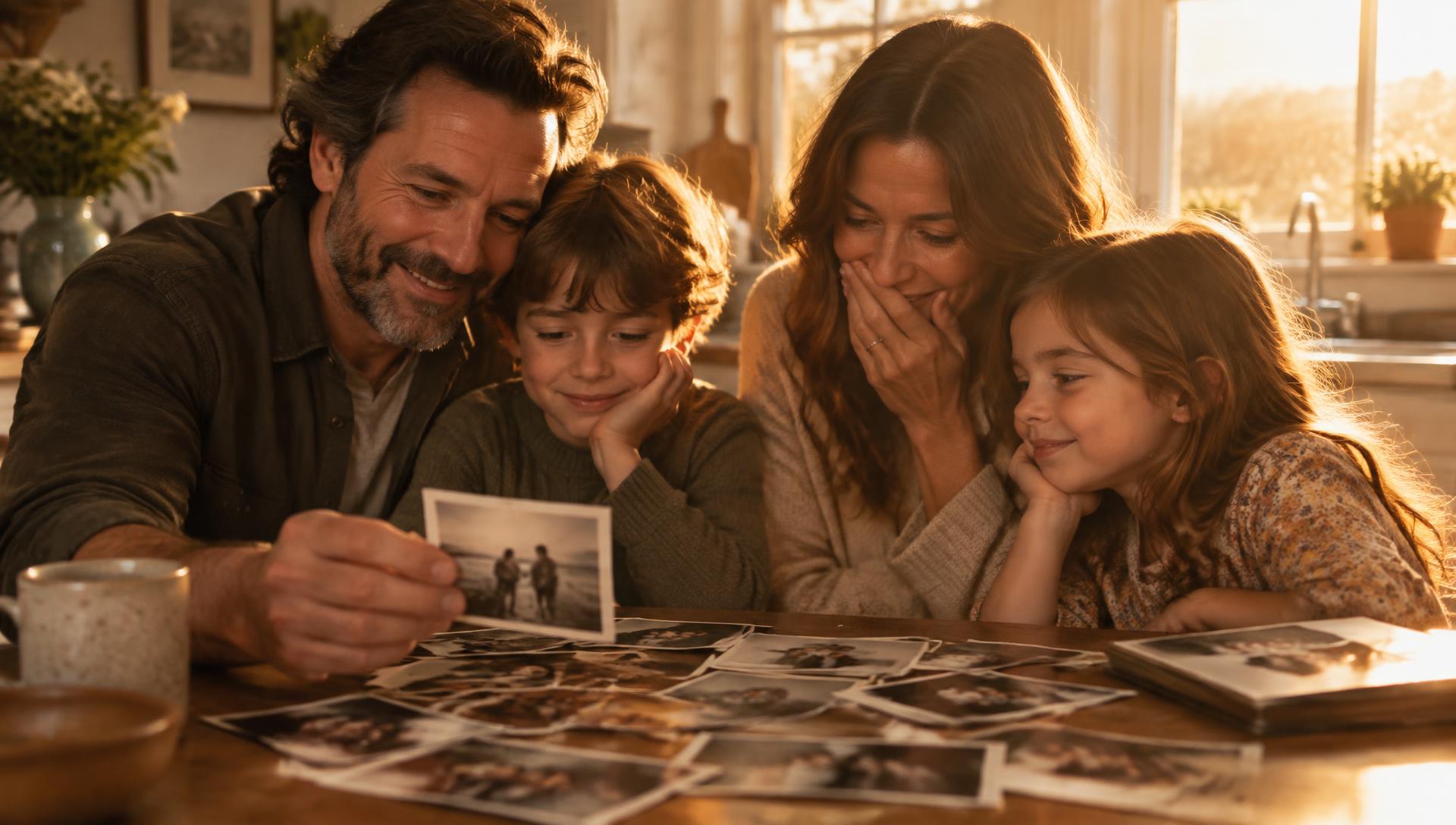 Família olhando fotografias antigas restauradas