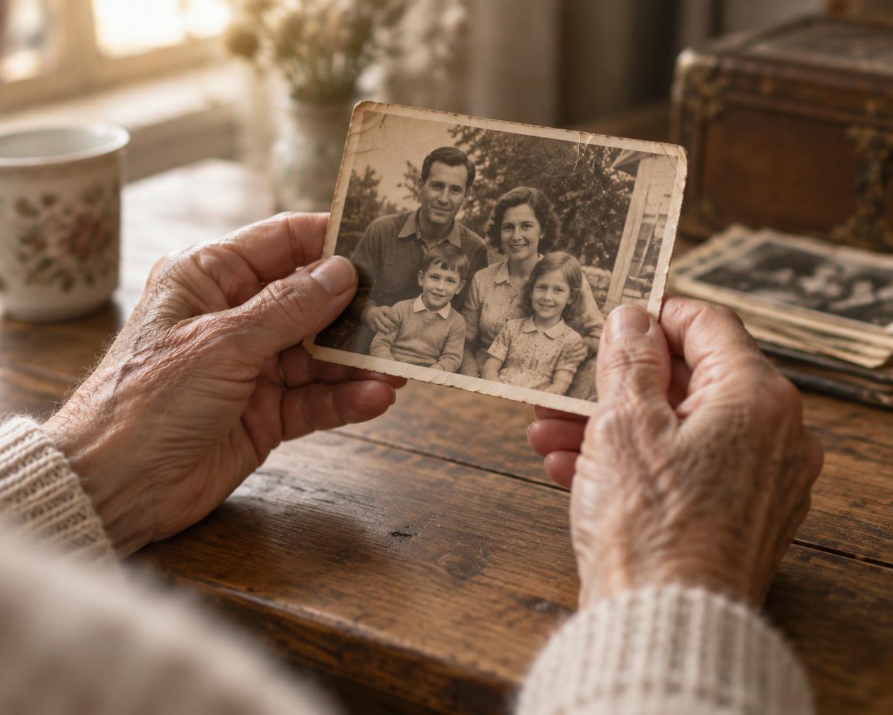 Pessoa segurando uma fotografia antiga da família